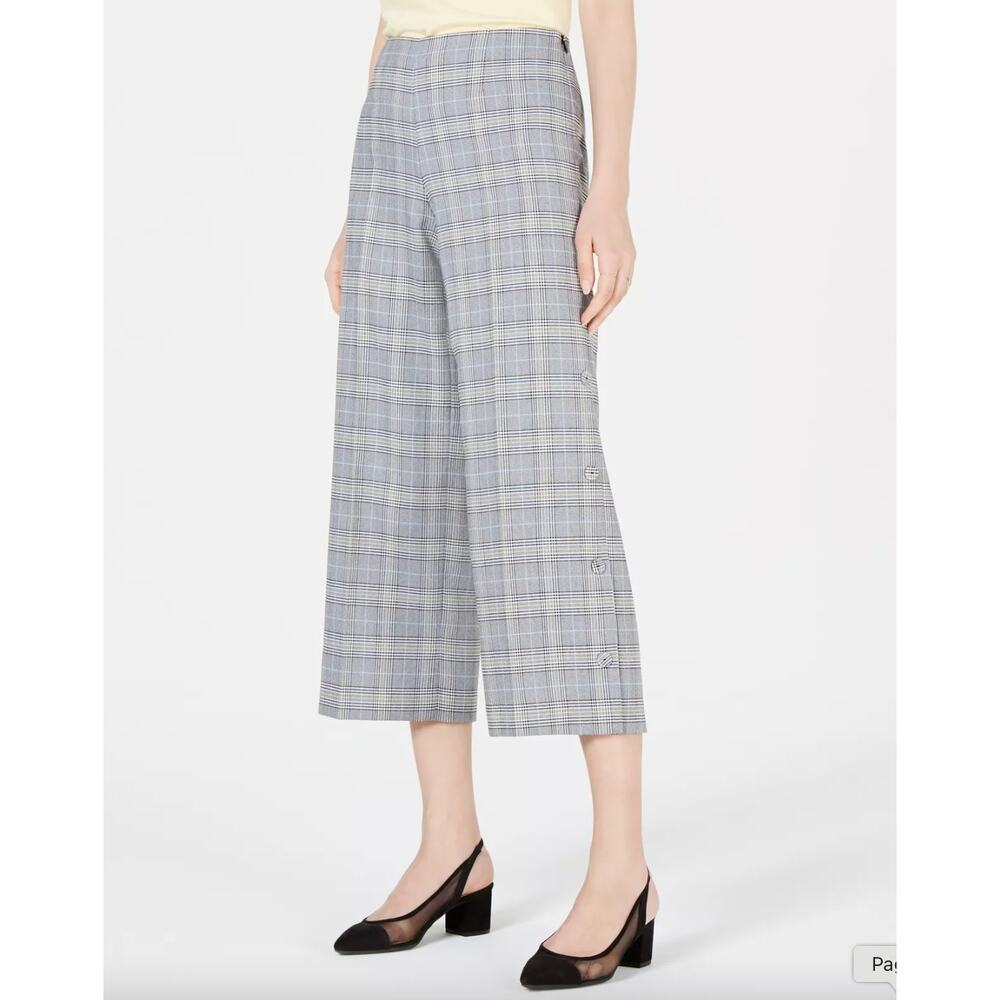 Bar III Women's Plaid Wide Leg Crop Pants Size 12 High Rise Trousers Work Office